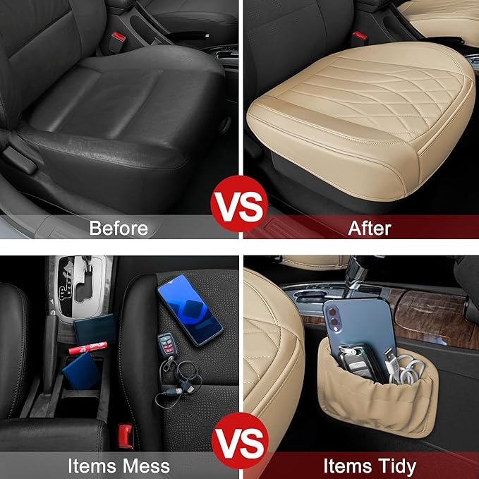BEITK 2 Pack Leather Front Car Seat Cover Bottom Car Seat, Universal Anti-Slip Driver Car Seat Protectors with Storage Pocket, Waterproof Bottom Auto Seat Cushion Pad Mat for Most Vehicles(Beige)