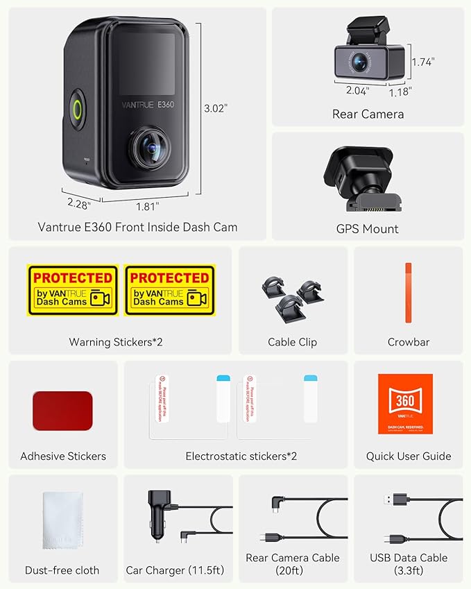 Vantrue E360 Plus All Channel Dash Cam, 585°, Dual STARVIS 2, Fisheye Front + Fisheye Inside + Rear Dash Camera, Dual IR Night Vision, GPS, WiFi, Touchscreen, Parking Mode, Voice Control, Support 1TB