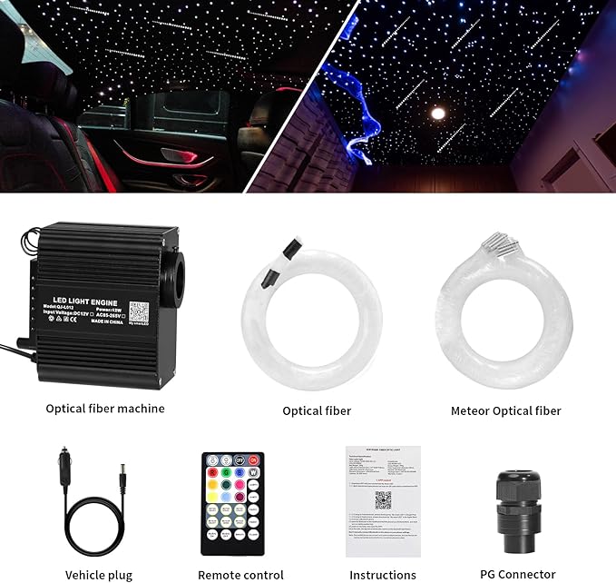 Starlight Headliner Kits for Car, Twinkle & Meteor 2-in-1 Light Engine, 500pcs 0.03in 9.8ft RGBW Fiber Optic Lights Star Ceiling Sky Decoration for Car/Home, White Shooting Stars 12W Starlight kit