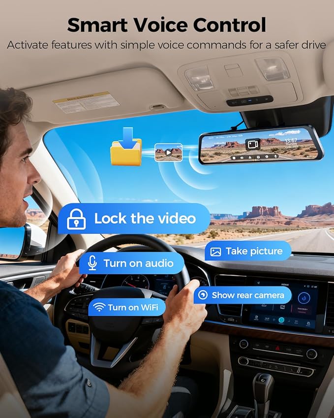 AZDOME PG17 Pro 4K+2.5K Mirror Dash Cam with STARVIS 2 & 5G WiFi Rear View Mirror Camera, OTA Upgraded, Parking Assist, Voice Control, 128GB Card - Mirror Dash Cam with 12-Inch Touch Screen