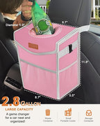 Pritent Car Trash Can with Lid, Cute Leakproof Car Trash Garbage Bag Hanging Vehicle Trash Bin Small Portable Automotive Garbage Cans Organizer for Back/Front Seat/Console(2.8 gal,Pink