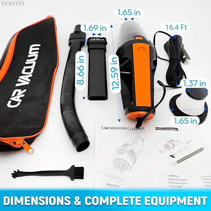 SYAYVO Portable Car Vacuum Cleaner - 8000PA/100W/DC12V Corded Vacuum Cleaner Handheld Vacuum with Attachments, LED Light Cleaning Kit 16.4 Ft Car Detailing Accessories for Women & Men
