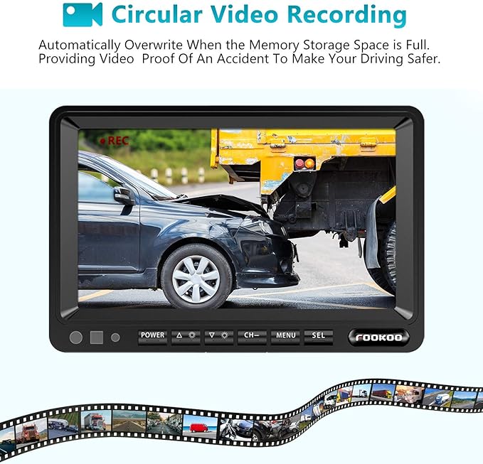 Fookoo HD 1080P 7" Wired Backup Camera System, 7-inch Quad Split Screen Monitor W/Recording, IP69 Waterproof Side & Rear View Cameras, Parking Lines for Truck/Trailer/RV/Tractor/ 5th Wheel (DY703)