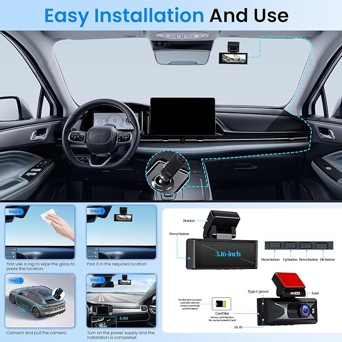 Hodozzy 4K Dash Cam Front and Rear, 3.16 Inch Screen with Built-in WiFi & GPS, 4K UHD Front + 2.5K Rear Camera, ADAS, Night Vision, G-Sensor, 24H Parking Mode (Hardwire Kit Optional)