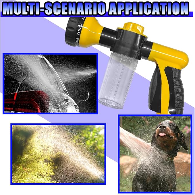 High Pressure Car Wash Foam Gun, 8 Way Spray Pattern Garden Hose Nozzle with 3.5oz/100cc Soap Dispenser, Adjustable Hose Spray Nozzle for Car Washing, Pet Shower, House Cleaning (Yellow)