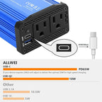 ALLWEI 300W Car Power Inverter, DC 12V to 110V AC Converter Car Plug Adapter Outlet with 65W PD USB-C & 18W USB-A Fast Charge, Car Cigarette Lighter Charger for Phone, Laptop, Tablet - Blue