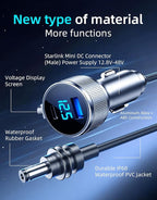Starlink Mini Cable, 3 in 1 Starlink Mini Car Adapter DC Power Cable and Cigarette Lighter Adapter 12V-48V with Voltage Display, Durable USB-C PD 45W and USB-A 35W Ports，Suitable for Cars（16.4FT）