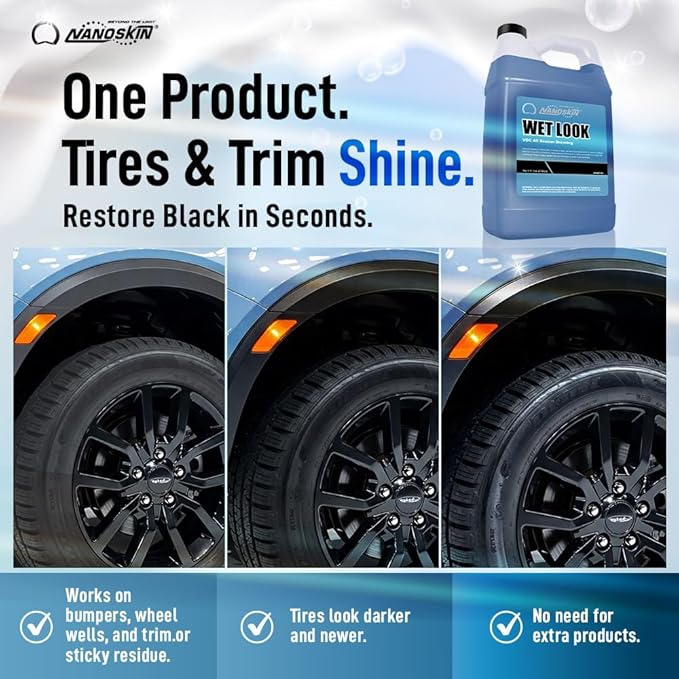 Nanoskin WET LOOK All Season Dressing 1 Gallon - Exterior Rubber & Plastic Solvent Based Dressing for Car Detailing | Produces a Deep, Rich, Long lasting shine | Safe For Cars Trucks, Motorcycles, RVs