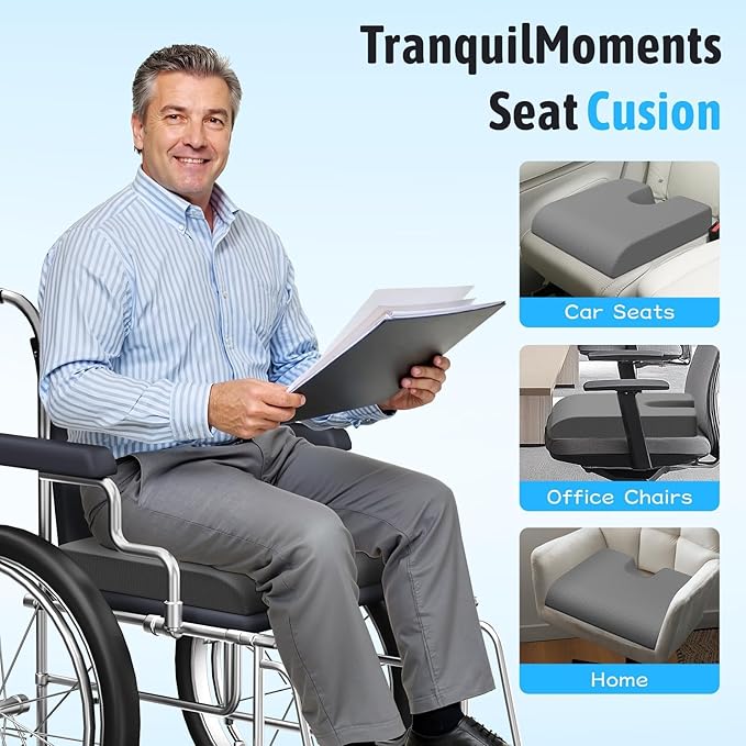 TranquilMoments U-Shaped Gel Memory Foam Seat Cushion, Wheelchair Cushion with Cooling Gel, Ergonomic Coccyx Cushion for Office Chair & Car,Relieve Tailbone Pain, Sciatica, Back Pain, Non-Slip Bottom