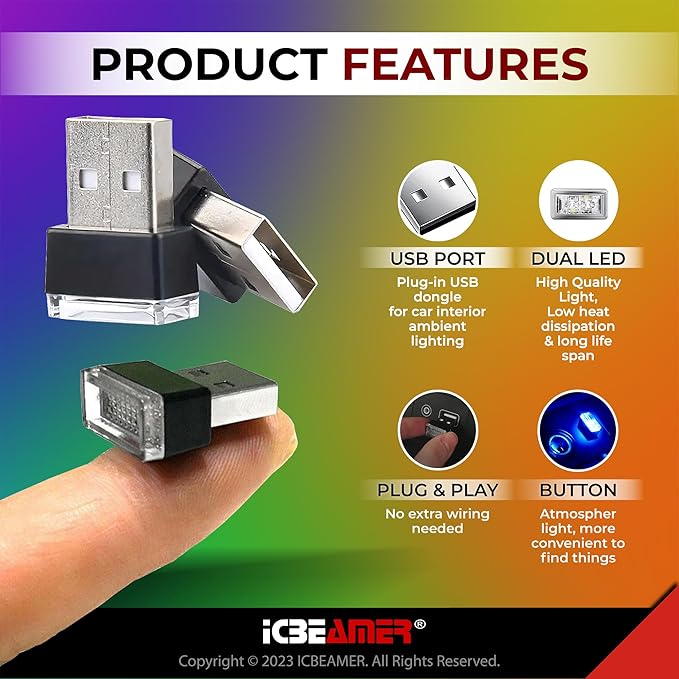 ICBEAMER USB Interface Miniature Night Light 1-Pack (Blue) | Universal Plug-in LED for Car Interior and Trunk Ambient Atmosphere
