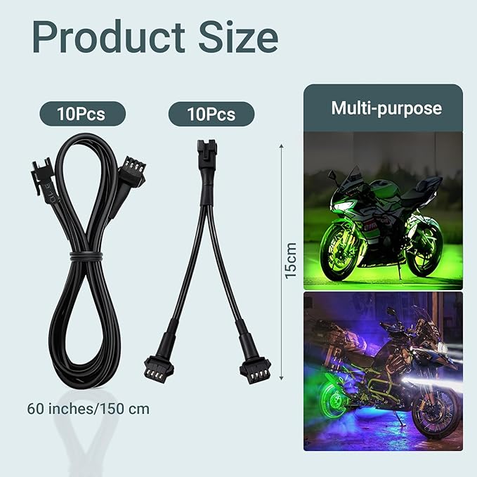 Rock Light Extension Wires 4 Pin and 2-Way Splitters 20 PCS 60 inch, Pure Copper Insulated Cable Cord Set for Motorcycle ATV Trike Golf Car Truck Neon Underglow Strip Lights