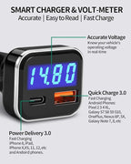 USB C Car Charger Adapter with Voltage Display, 30W Cigarette Lighter Type C Fast Charge Power Delivery & Quick Charge 3.0 (PD & QC), Volt Meter Battery Monitor, Compatible with iPhone Galaxy