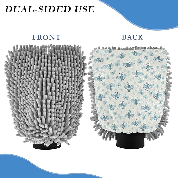 Qilmy Small Blue Bonnet Bees Microfiber Chenille Car Wash Sponge Scratch Free Car Wash Mitt Absorbent Mitt Sponge for Trucks SUVs Car Washing Home Cleaning, Medium