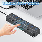 ONFINIO USB Hub 3.0, 7-Port USB Hub Splitter with Individual On/Off Switches and Lights, 3.2ft/1m Long Cable Compatible with MacBook, Laptop, Surface Pro, PS4, PC, Flash Drive, Mobile HDD-Gray
