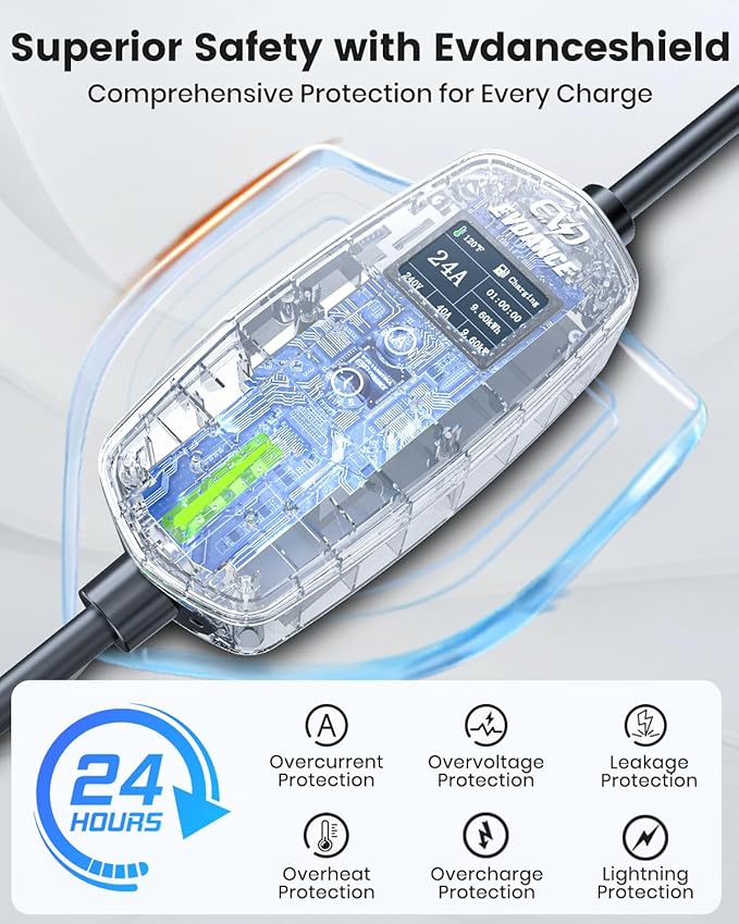 EVDANCE Level 2 EV Charger for Tesla, 24Amp 240V/25FT NEMA 10-30 Plug, 25FT Cable for Model S/3/X/Y, One-Touch Open Connector & Adjustable Current (10-24A) for Home/Garage Use, IP66 Waterproof