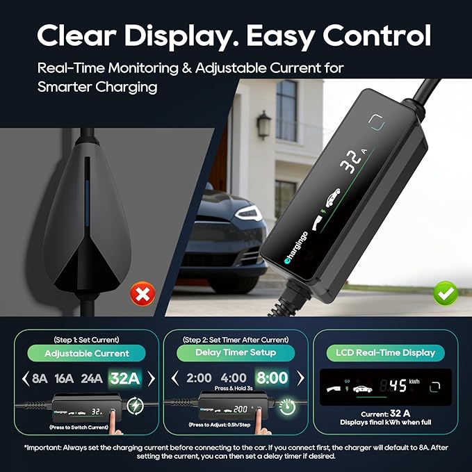 Level 2 EV Charger for SAE J1772 E, 32A 240V Portable EV Charger with NEMA 14-50 Plug, 25FT Cable, Adjustable 16A-32A, LCD Display, Plug-and-Play Fast Charging Station for Home/Outdoor