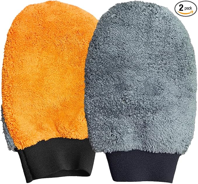 2PCS Coral Fleece Car Wash Mitts, No Scratch Microfiber Wash Mitt Car Cleaning Glove, Reusable Dusting Mitt with Elastic Wrist Cuff for Car Washing and Detailing (Palm Glove)