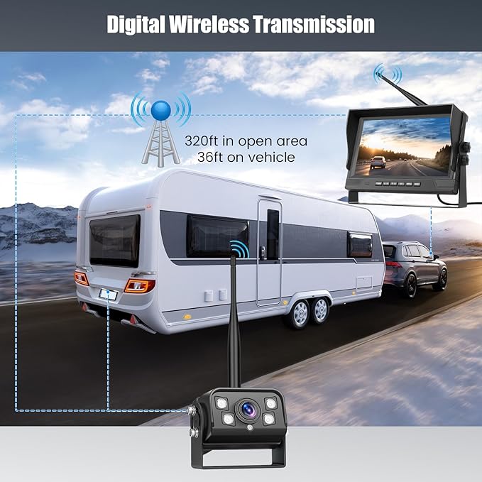 9 Inch Monitor Wireless Backup Camera System with Loop Recording, 12-24V for Truck, Trailer, RV, Bus Reversing Camera IP68 Waterproof Night Vision, Waterproof Back Up Camera Kit