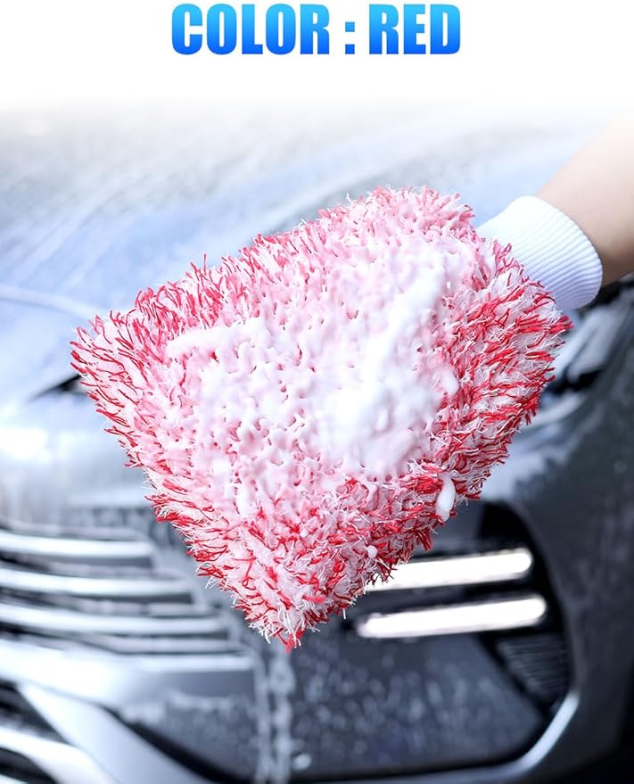 2Pack Premium Microfiber Car Wash Mitt, 10 x 8 Inches, Car Sponge Wrapped in Soft, Machine Washable (Blue & Red)