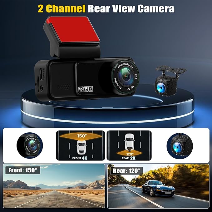 4K Dual Dash Cam Front and Rear, 4K+2K FHD Car Camera,Dash Camera for Cars Car Camera with GPS WiFi App Control 150° Wide Angle Night Vision G-Sensor Loop Recording 24H Parking Monitoring