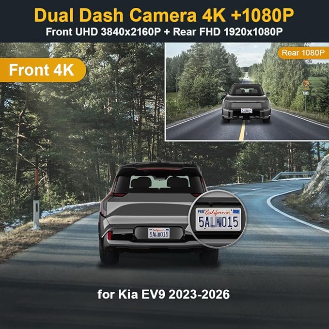 Fitcamx 4K Dual Dash Cam Adapts for Kia EV9 2023-2026 Wind Land GT-Line (Part No#DO000), Integrated OEM Style, Front 2160P+Rear 1080P Video, Loop Recording, WiFi&APP, G-Sensor, Easy to Use, 128GB Card