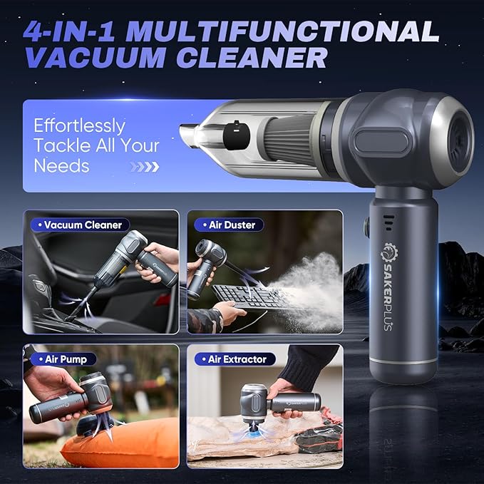 SakerPlus Car Vacuum Portable Cordless, 3-in-1 Hand Held Mini Vacuum Cleaner 17500PA High Power, Handheld Vacuum & Air Duster for Suction, Blowing, Inflating & Deflating, Ideal for Car Home Office