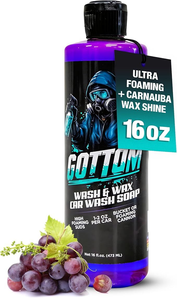 Gottom Car Wash Soap & Wax, (16 oz), Frozen Grape Scent - Ultra Foaming Car Shampoo for Foam Cannon & Bucket Wash, Carnauba Wax Formula for a Glossy Finish, High Suds & Safe for Paint