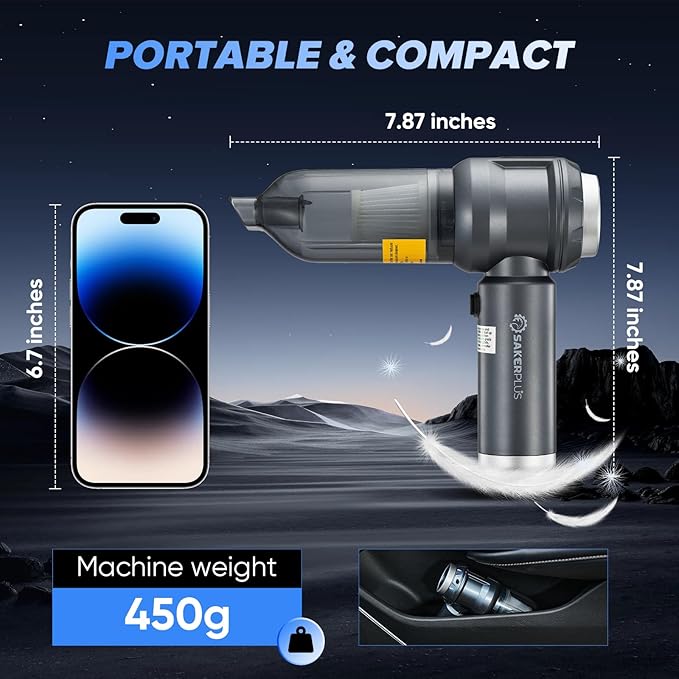 SakerPlus 4 in 1 Handheld Car Vacuum Cleaner & Air Duster, 17500PA High Power Rechargeable Portable Vacuum with LED Light, Multi Nozzles for Car, Home & Office – Ideal for Men and Family