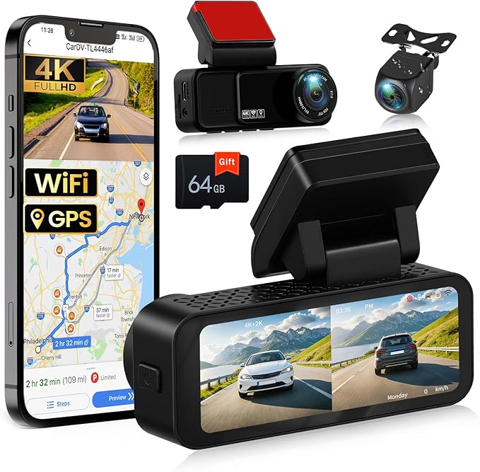 SIXTOP 4K Dash Cam Front and Rear, 4K+2K Dual Dash Camera for Cars, ADAS, 5.8GHz WiFi GPS 64GB Card Included, Night Vision, 3.16'' IPS Screen G-Sensor 24H Parking Mode Loop Recording Wide Angle