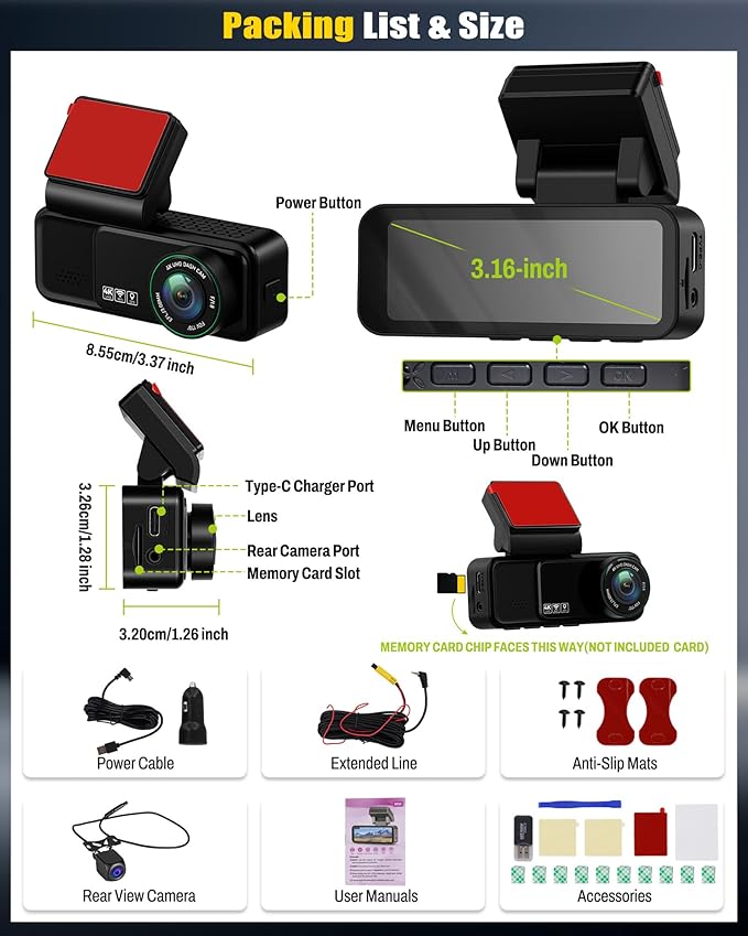 4K Dual Dash Cam Front and Rear, 4K+2K FHD Car Camera,Dash Camera for Cars Car Camera with GPS WiFi App Control 150° Wide Angle Night Vision G-Sensor Loop Recording 24H Parking Monitoring