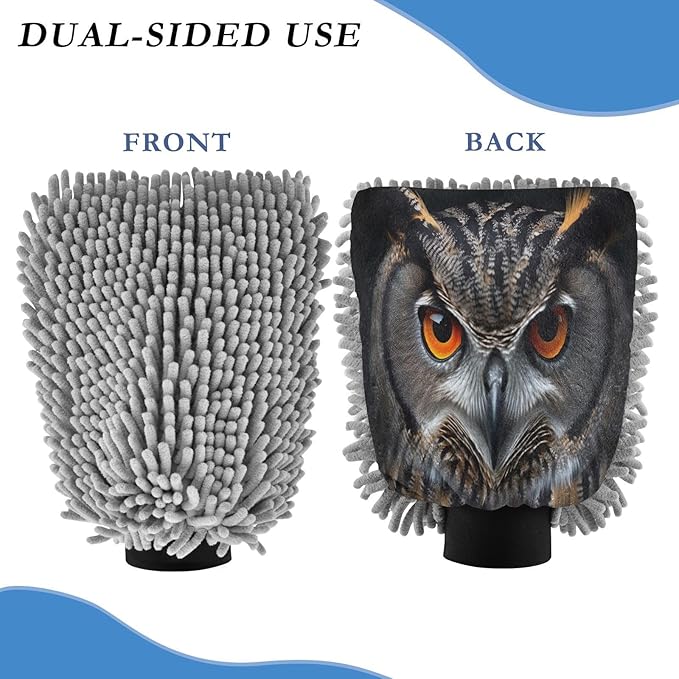 YETTASBIN Owl 2PCS Car Wash Mitts, Ultra Absorbent Chenille Microfiber Car Washing Gloves, Scratch-Free Lint-Free Auto Cleaning Mitt, Machine Washable Elastic Cuff Car Wash Sponge