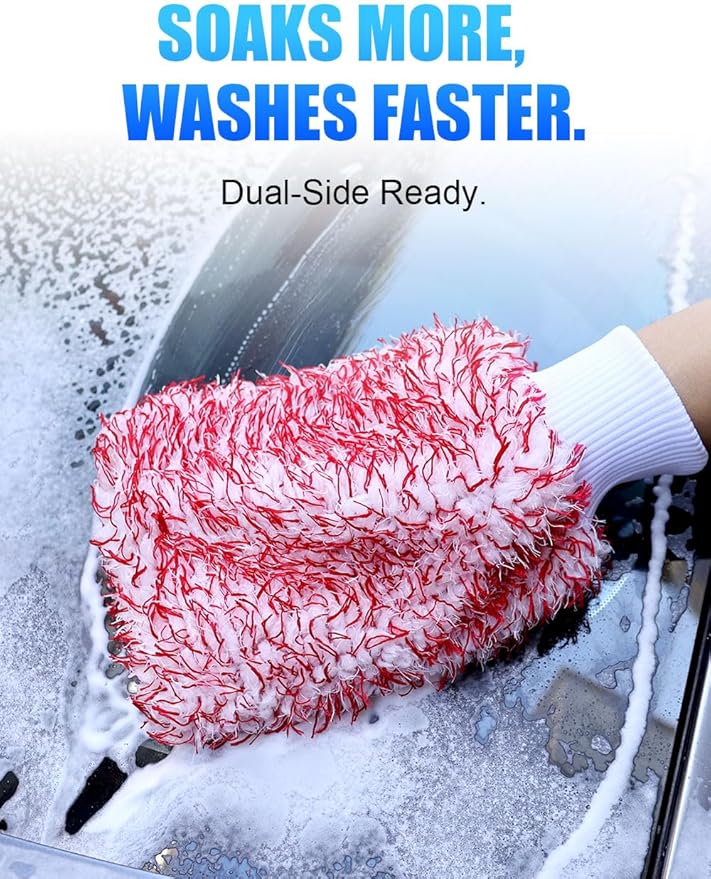 2Pack Premium Microfiber Car Wash Mitt, 10 x 8 Inches, Car Sponge Wrapped in Soft, Machine Washable (Blue & Red)