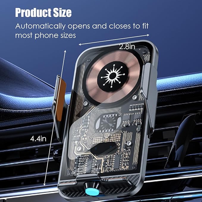 Transparent Wireless Car Charger, Smart 15W Fast Magnetic Charging, Auto-Clamping Wireless Charging Mount, Stable Car Cell Phone Holder Suitable for Magnetically Chargeable Smartphones (Black)