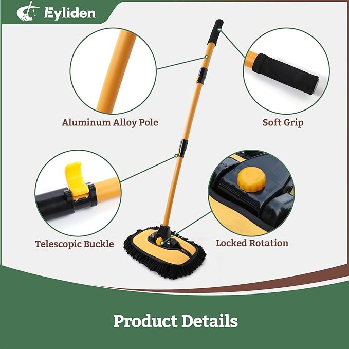 Eyliden Car Wash Brush Mop with Long Handle, 180° Swivel Head with 45° Angle Lock, 2 Scratch-Free Microfiber Heads, Car Detailing Kit for Car Truck RV, Yellow & Black