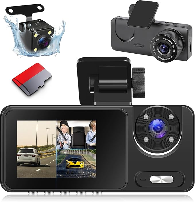 3 Channel Dash Cam Front and Rear, 1080P Dual Dashcam with 4 IR LEDs - 2 inch IPS Screen Front and Inside Dash Cam with G-Sensor, Wide Angle, Night Vision with 64GB Card Included