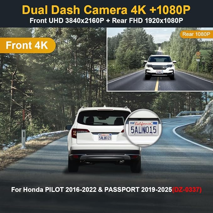 Fitcamx Dual 2160P+1080P Dash Cam Adapts for Honda Pilot 2016-2022 & Passport 2019-2025 (DZ-0337) Touring EX LX Elite Sport EXL, OEM Look, WiFi & APP, Loop Recording G-Sensor, Easy to Set, 128GB Card