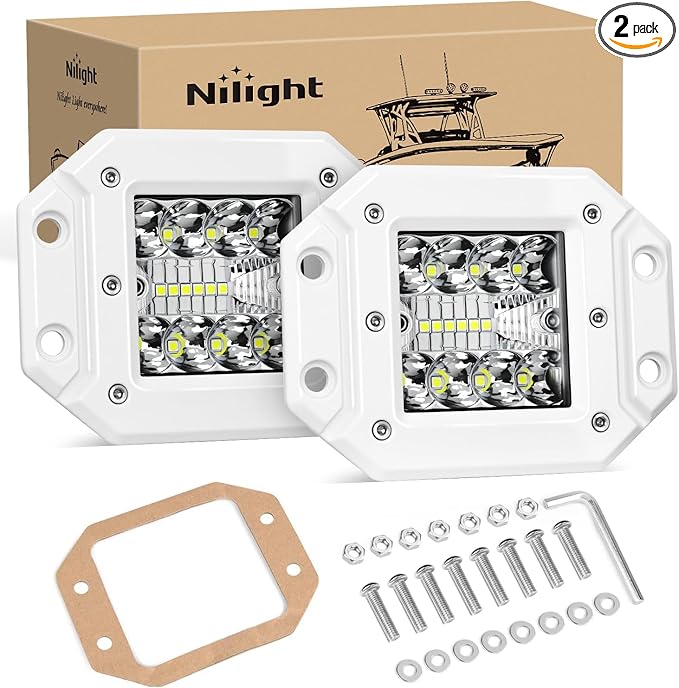 Nilight LED Light Pods 2PCS 42W Flush Mount Spot Flood Combo Backup Reverse Driving Bumper Lights Ponton Boat Deck Dock Lighting for Offroad Pickup Trucks SUV Van Tractors T-top Stern Saltwater Boats
