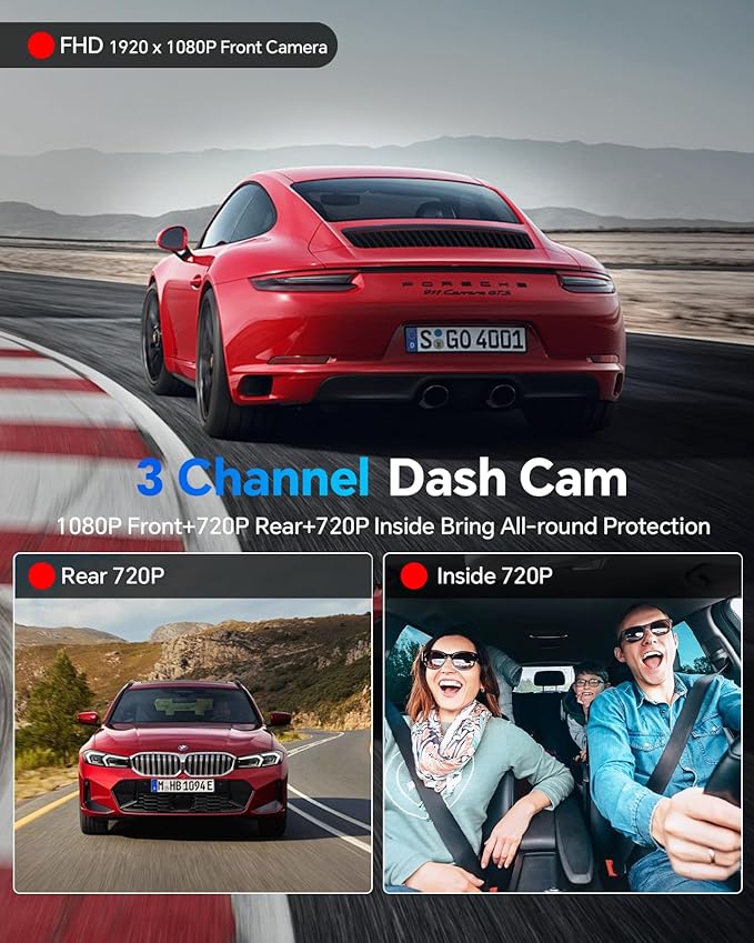 Dash Cam Front and Rear Inside 3 Channel, 1080P Dashcam with 64GB Card, Dash Camera for Cars with 24H Parking Monitor, Super Night Vision, Loop Recording, G-Sensor, WDR, 2.3" Screen for Taxi