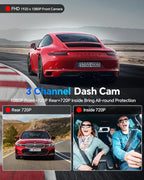 Dash Cam Front and Rear Inside 3 Channel, 1080P Dashcam with 64GB Card, Dash Camera for Cars with 24H Parking Monitor, Super Night Vision, Loop Recording, G-Sensor, WDR, 2.3" Screen for Taxi
