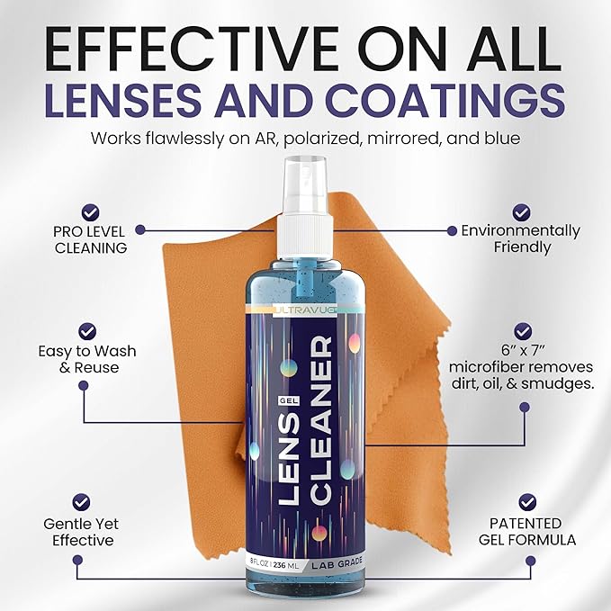 Eyeglass Gel Lens Cleaner Spray Kit - 2 x 8oz and 1 x 2oz Gel Eyeglasses Cleaner Spray Bottle + 2 Microfiber Cloth for Cleaning - Safe for All Lenses (AR Coated Included)