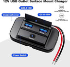 12V Flush Mount USB Charger with Power Switch, Multi-Port Car Charger for RV, Boat, Car, Bus, ATV, Motorcycle - Panel Mount Charging Accessories (QC+QC)