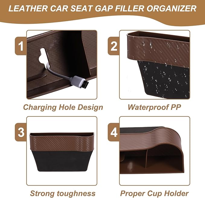 HARFINGTON Car Seat Gap Filler Organizer 10.2 x 6.5 x 2.8 Inch PP Universal Car Organizer Storage Box Between Seat and Console (Left) with Cup Holders for Phone Sunglasses Keys, Brown