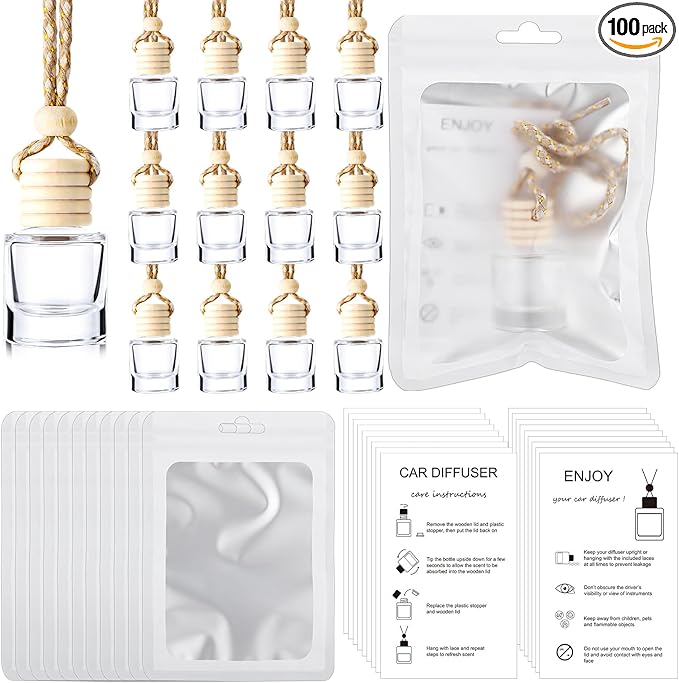 Boao 100 Sets Hanging Car Air Freshener Diffuser Bottles with Instruction Card and 4 x 6'' Resealable Holographic Bag for Empty Car Essential Oil Perfume Bottles Packaging (Cylinder)