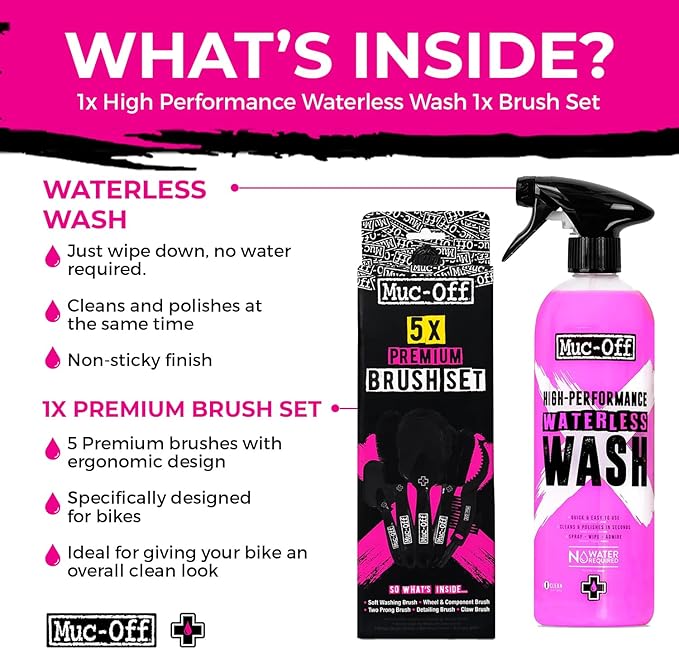 Muc-Off Waterless Bike Wash 750ml + 5x Premium Brush Set | No Water Bike Cleaner with Biodegradable Formula | Spray and Wipe Easy Bike Cleaning | Streak-Free Spray Cleaner Safe on Carbon Fibre