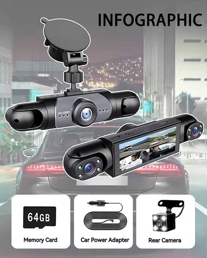 Car Dash Cam Wireless Front Rear 360 Full View 4K Dual Security 24HR Rechargeable 4 Channel Mirror Rearview Interior Auto Video On-Dash Mounted Driving Recorder Truck Electronics Accessory(128G)