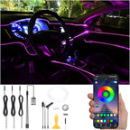Car Interior Strip Lights, 3 in 1 Multicolor RGB Car Ambient Lighting Kit, 4m Fiber Optic EL Neon Tube Light, DIY Mode Music Sync APP Control DC 12V