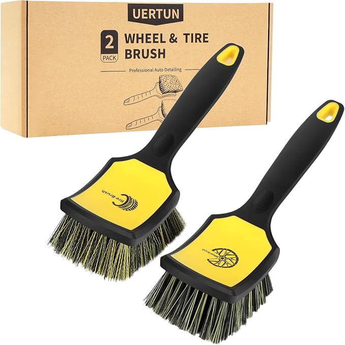 Wheel and Tire Brush Detailing Kit, Soft Rim Brush & Stiff Tire Brush with Silicone Bumper Guard, Non-Slip Ergonomic Handle Car Wash Set for Alloy Wheels, Fenders, Mats