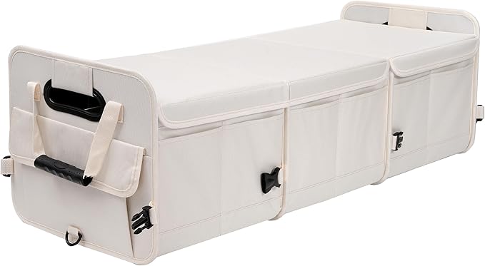 AOKJOY Car Trunk Organizer with Lid Storage Collapsible Multi Compartment Adjustable Straps for SUV, Truck, Sedan(Beige) XL