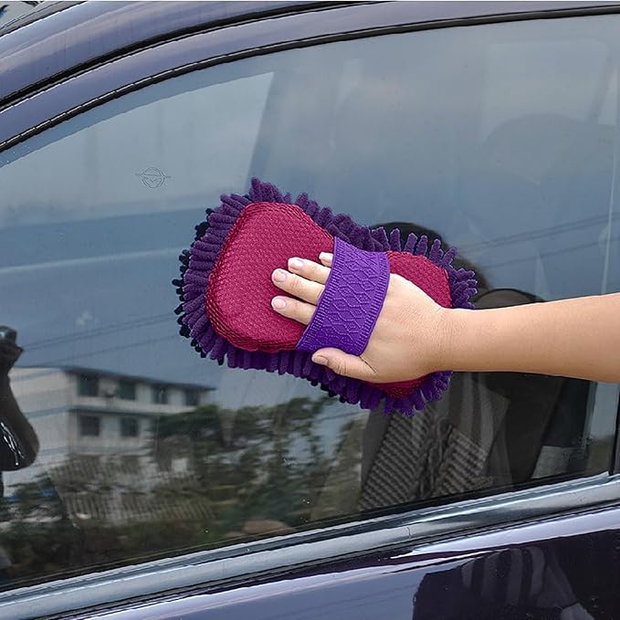 Car Wash Mitt,Microfiber Chenille Car Wash Mitt,Double-Sided lint-Free,Scratch Free,Cleaning Mitts for Truck, SUV, RV (Purple)