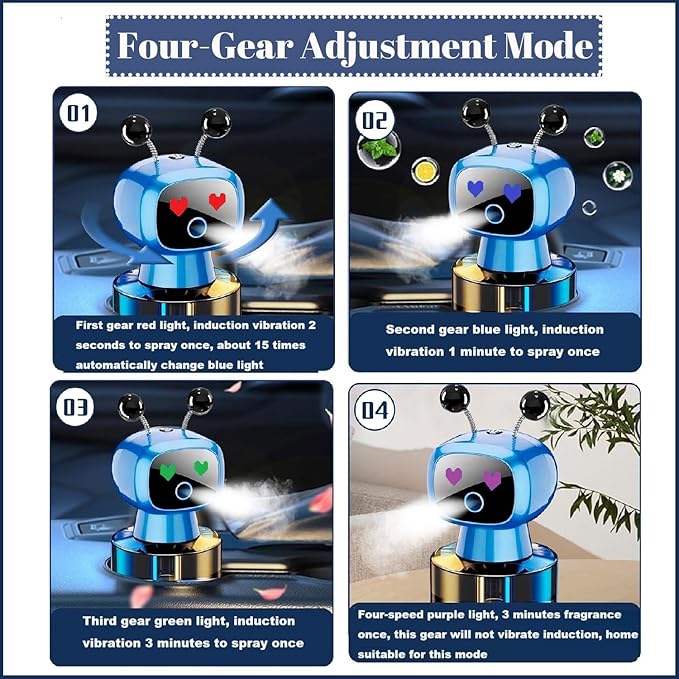 Robot Intelligent Aromatherapy Machine, Smart Cute Robot Car Air Freshener - Fine Spray/Fillable/Four-Gear Adjustment/Vibration Sensing/On-Off/Large Capacity Long-Lasting Fragrance/Blue-V2(Ocean)